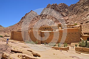 Monastery of St. Catherine, against the background of mountains and blue sky,