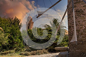 The monastery of Toplou in Sitia with the old wind mill