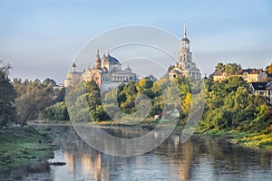 Monastery and Tvertsa river in the morning in Torzhok