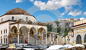 Monastiraki square with old mosque and view of Acropolis, Athens, Greece photo