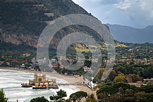 Mondello, Palermo, Italy over the beach with Monte Pellegrino