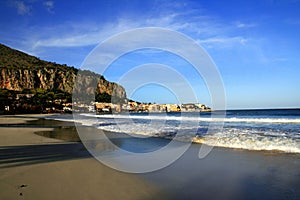 Mondello village, beach & sea waves. Italy