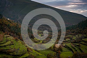 Mondim de Basto landscape with vineyards vines in steps and mountains on the background, in Portugal