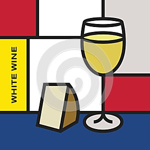 White wine glass with slab of cheese. Modern style art with rectangular shapes.
