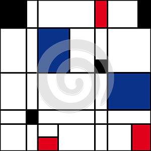 Mondrian seamless pattern. Bauhaus abstract checked geometric style background in blue, red and black. Colorful vector