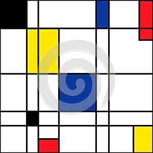 Mondrian seamless pattern. Bauhaus abstract checked geometric style background in blue, red,yellow and black. Colorful