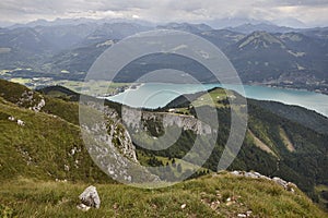 Mondsee lake and Alpine range in Salzburg region. Austria highlight