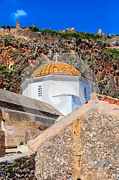 Monemvasia houses and church in Peloponnese, Greece