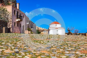 Monemvasia houses and church in Peloponnese, Greece