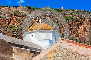 Monemvasia houses and church in Peloponnese, Greece