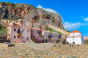 Monemvasia houses and church in Peloponnese, Greece