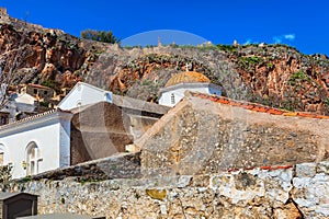 Monemvasia houses and church in Peloponnese, Greece