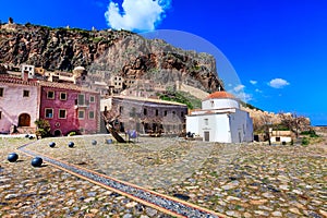 Monemvasia houses and church in Peloponnese, Greece