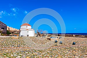 Monemvasia houses and church in Peloponnese, Greece