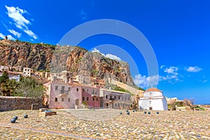 Monemvasia houses and church in Peloponnese, Greece