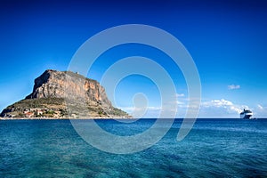 Monemvasia island in Peloponnese, Greece and cruise ship