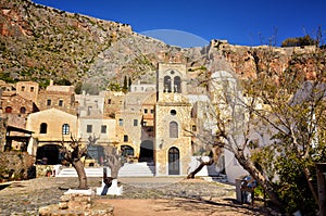 Monemvasia is located in Laconia, Peloponnese, Greece, on a small island