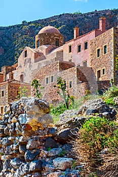 Monemvasia old houses view in Peloponnese, Greece