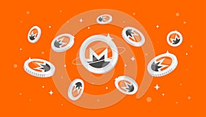 Monero XMR coins falling from the sky. XMR cryptocurrency concept banner background