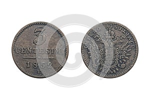 Austria Venice 3 Centesimi 1852V Old Lombardy-Venice 3 centesimi coins 1852 photo
