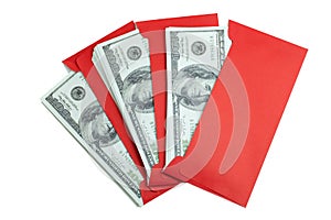 Money 100 Us dollar bills in a red envelope at white background