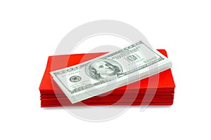 Money 100 Us dollar bills in a red envelope at white background