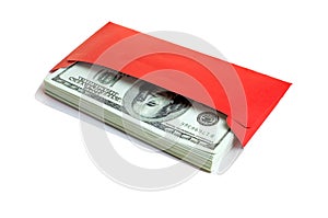 Money 100 Us dollar bills in a red envelope at white background