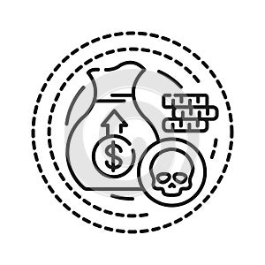 Money addiction black line icon. Physical or emotional dependence on earning, spending and having money. Pictogram for