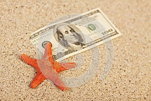 Money american hundred dollar bills in sand and red orange star fish