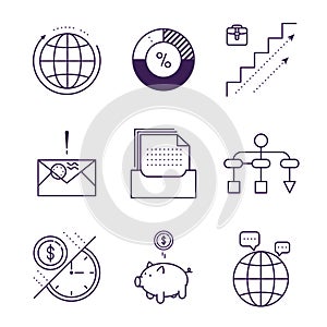 Money and analytics symbols object vector outline icons.