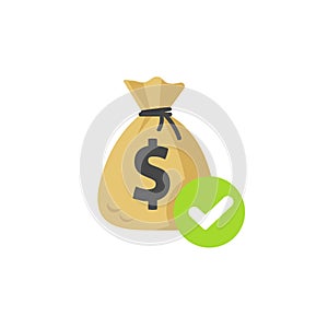 Money with approved checkmark vector icon, flat money bag with tick, concept or confirmed transaction or cash transfer