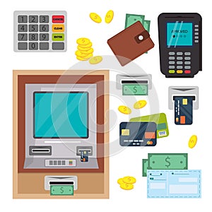 Money atm - cash machine vector icons set