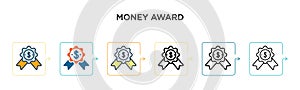 Money award vector icon in 6 different modern styles. Black, two colored money award icons designed in filled, outline, line and