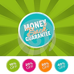 Money back Guarantee color banner and 10%, 20%, 30% & 40% Off Marks