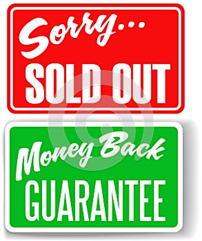 Money Back Guarantee Sorry Sold Out store signs