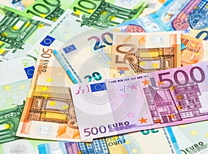 Money background. Closeup Different Euro banknotes
