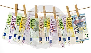 Money background. Euro banknotes hanging.