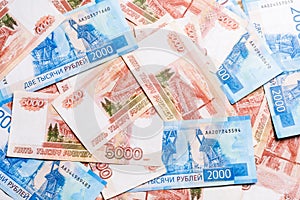 Money background of five thousandth and two thousandth notes of Russian rubles