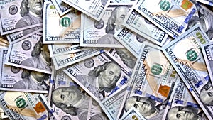 Money background. Hundred US dollar bills. Close up of new dollar banknotes
