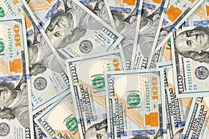 Money background of new hundred dollar bills cash. US 100 banknotes