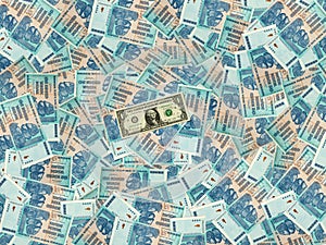 Money background with Zimbabwe hundred trillion dollars bills and one American dollar. photo