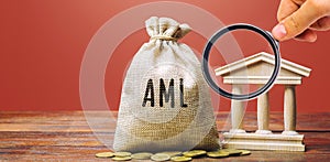 Money bag AML and bank building. Anti Money Laundering concept. Financial monitoring, Identification of suspicious transactions. photo