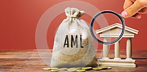 Money bag AML and bank building. Anti Money Laundering concept. Financial monitoring, Identification of suspicious transactions.