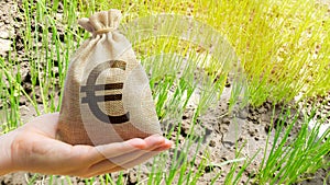 Money bag on the background of agricultural crops in the hand of the farmer. Agricultural startups. Profit from agribusiness.