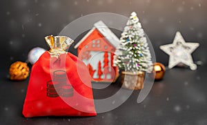 Money bag on the background of a Christmas tree, house and snow.