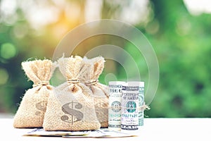 Money bag with banknote on natural green background, Saving for