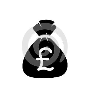 money bag black filled vector icon, sack full of british pound coins, finance concept, savings, pound unit of sterling
