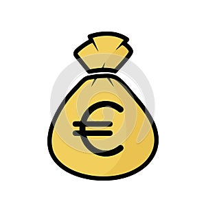 yellow money bag black outline vector icon, sack full of euro coins, finance concept, savings icon