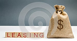 Money bag and blocks with the word Leasing. A lease is a contractual arrangement calling for the lessee to pay the lessor for use