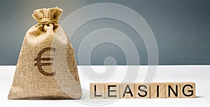 Money bag and blocks with the word Leasing. A lease is a contractual arrangement calling for the lessee to pay the lessor for use